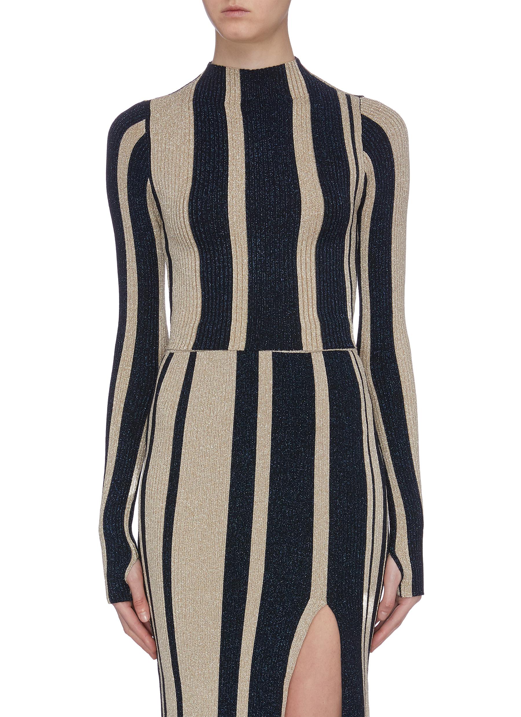 Metallic stripe cropped mock neck sweater by Self-Portrait
