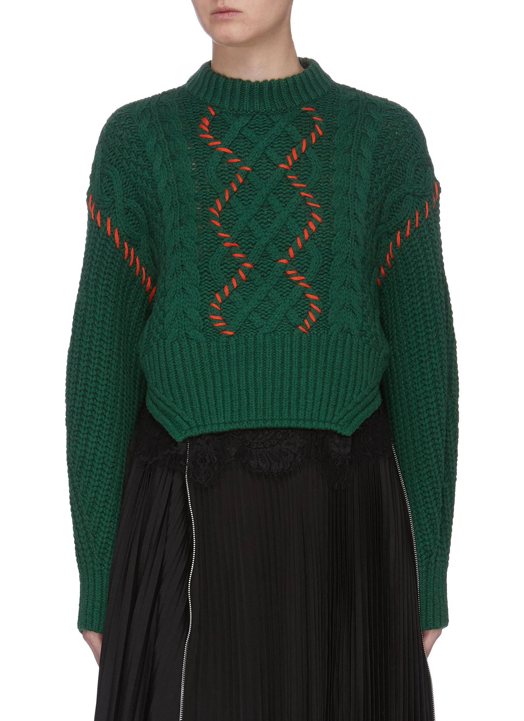 Lace hem contrast stitch cable knit sweater by Self-Portrait