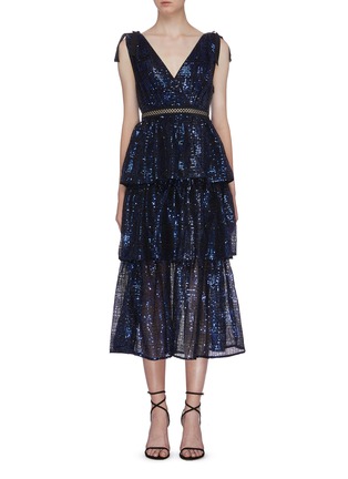 Main View - Click To Enlarge - SELF-PORTRAIT - Sequin check tiered V-neck dress