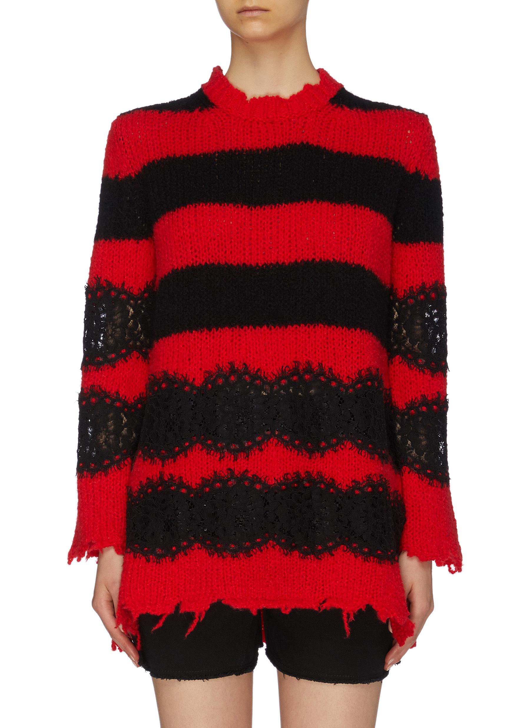 Scalloped lace panel stripe distressed wool-alpaca sweater by Philosophy Di Lorenzo Serafini