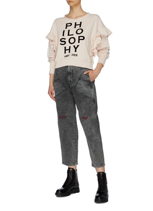 Figure View - Click To Enlarge - PHILOSOPHY DI LORENZO SERAFINI - Panelled pocket slogan logo embroidered cropped jeans