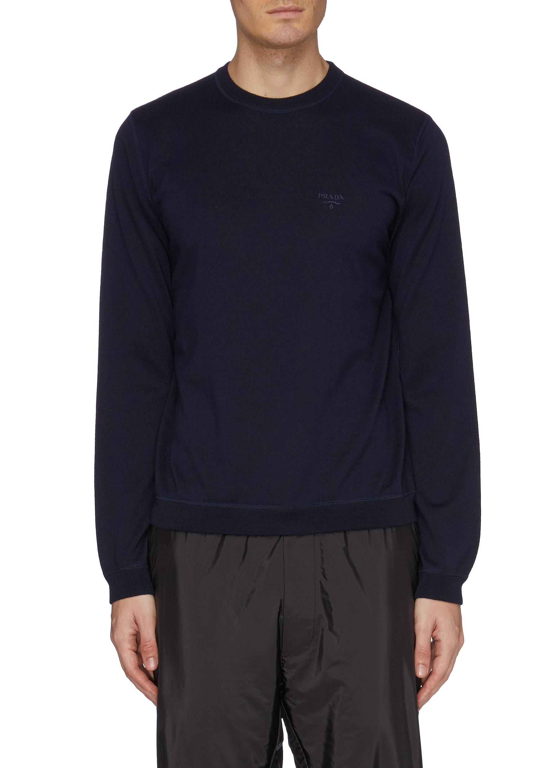 Prada Logo Embroidered Virgin Wool Blend Sweater In Navy | ModeSens