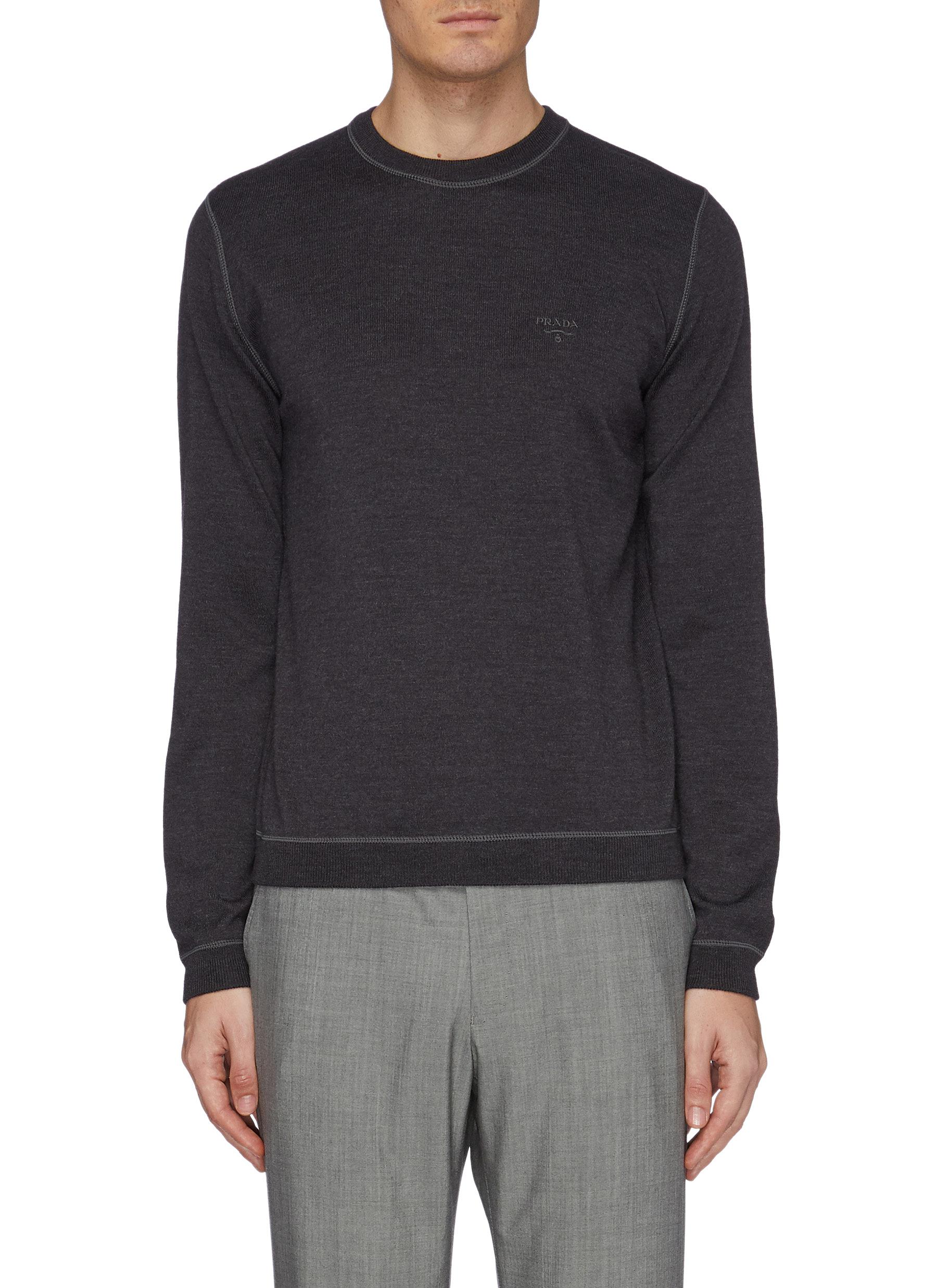 Prada Logo Embroidered Virgin Wool Blend Sweater In Grey | ModeSens