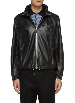 Main View - Click To Enlarge - PRADA - Retractable hood contrast panel patchwork leather jacket