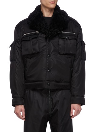 Main View - Click To Enlarge - PRADA - Shearling collar patch pocket cropped bomber jacket