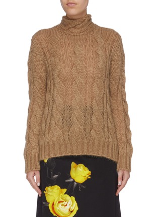 Main View - Click To Enlarge - PRADA - Sash tie open V-back cable knit turtleneck sweater