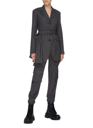 Figure View - Click To Enlarge - PRADA - Belted asymmetric pleated drape check plaid wool blazer