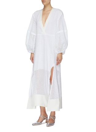 Detail View - Click To Enlarge - SOLACE LONDON - 'Cora' belted puff sleeve broderie anglaise V-neck dress