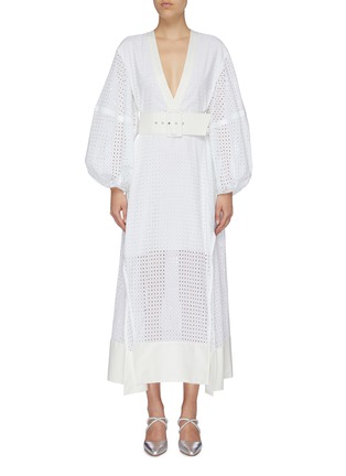 Main View - Click To Enlarge - SOLACE LONDON - 'Cora' belted puff sleeve broderie anglaise V-neck dress