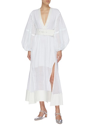 Figure View - Click To Enlarge - SOLACE LONDON - 'Cora' belted puff sleeve broderie anglaise V-neck dress