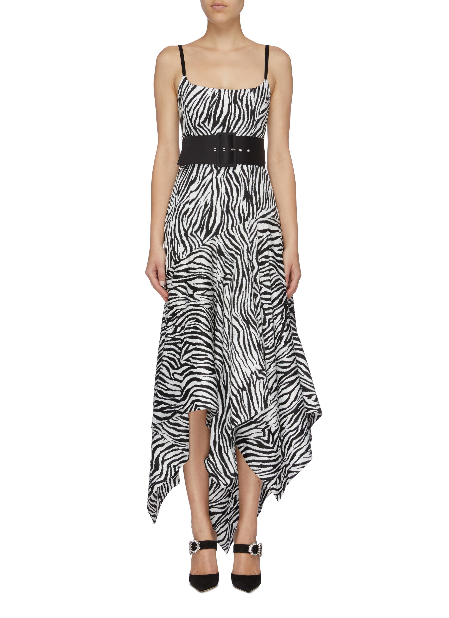 Marisol belted zebra stripe asymmetric handkerchief dress by Solace London