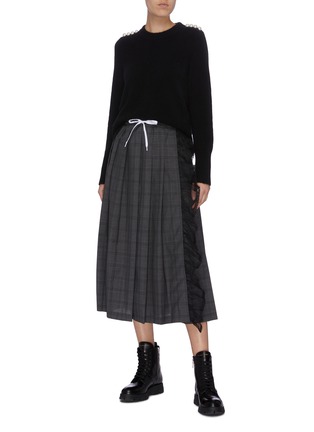 Figure View - Click To Enlarge - MIU MIU - Ruffle lace trim drawstring pleated check plaid skirt