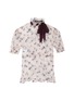 Main View - Click To Enlarge - MIU MIU - 'Nylonette' sheer floral puff sleeve top with a contrasting neck tie