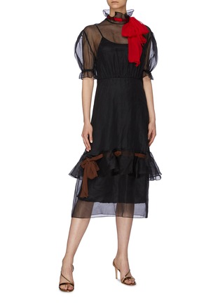 Figure View - Click To Enlarge - MIU MIU - Sash tie puff sleeve high neck tiered organdy dress