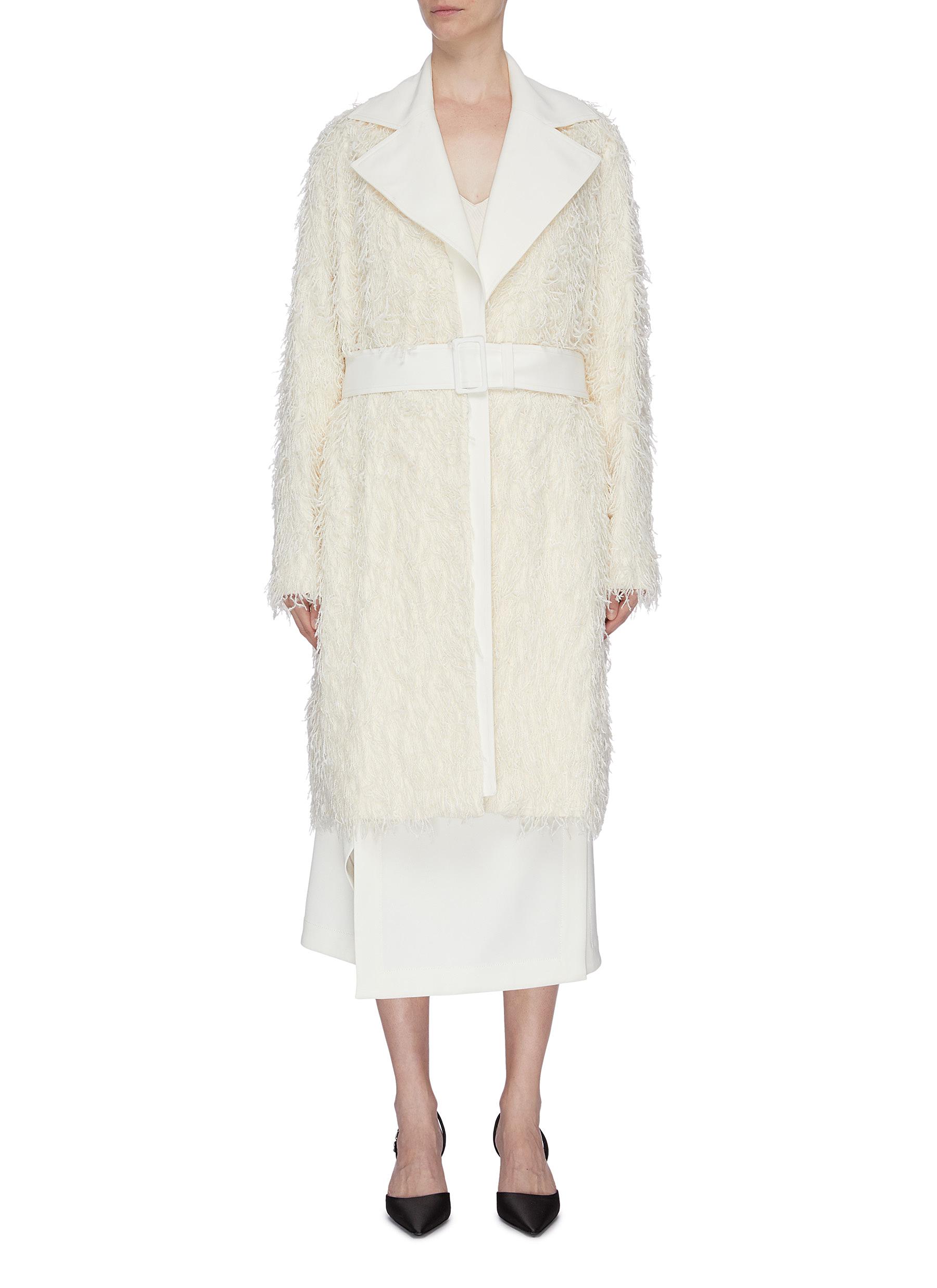 Belted fringed double breasted wool coat by Helmut Lang
