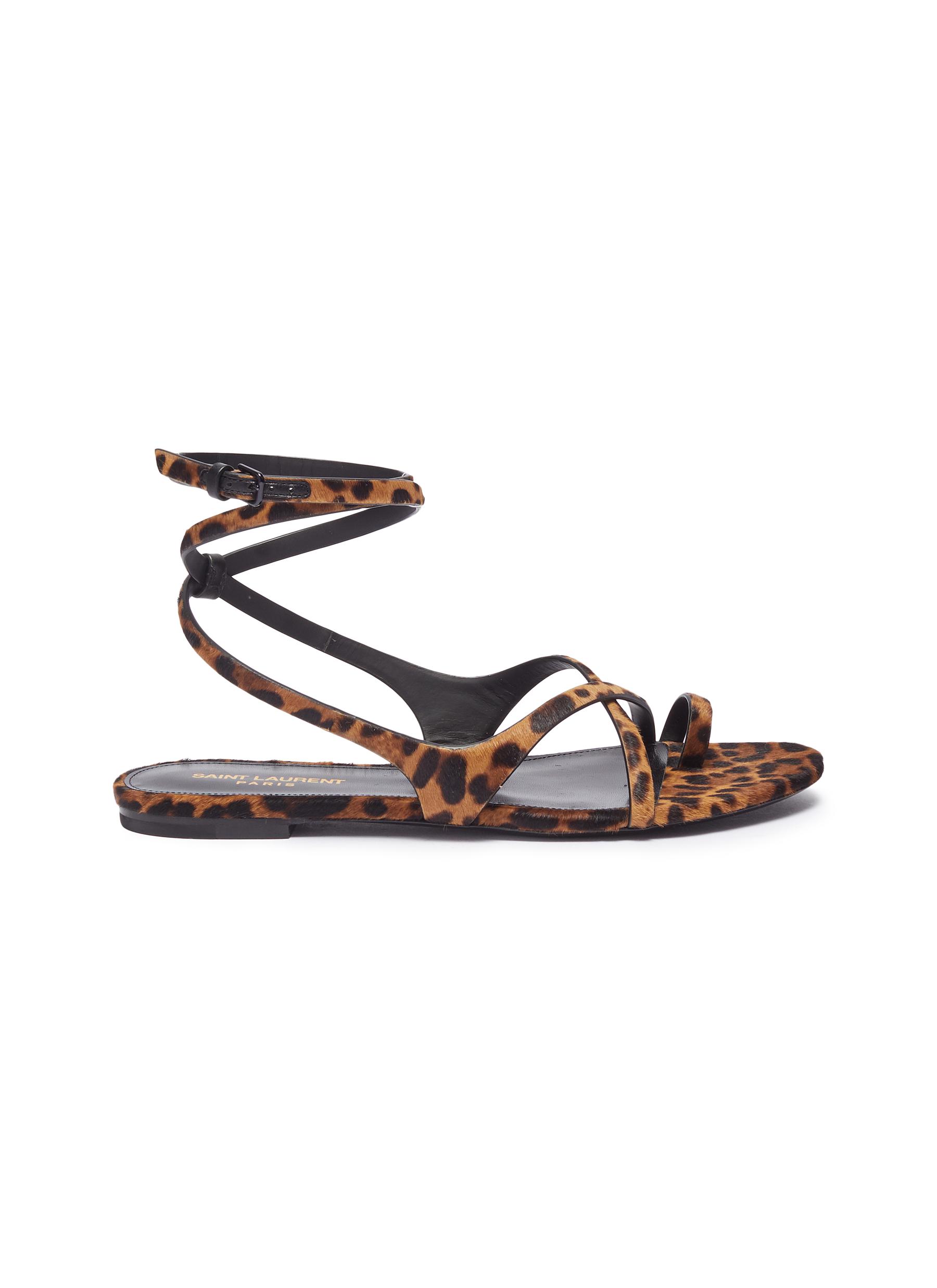 Leopard print ponyhair strappy sandals by Saint Laurent