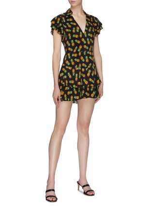 Figure View - Click To Enlarge - ALICE & OLIVIA - 'Shay' ruffle sleeve pineapple print tiered cupro rompers