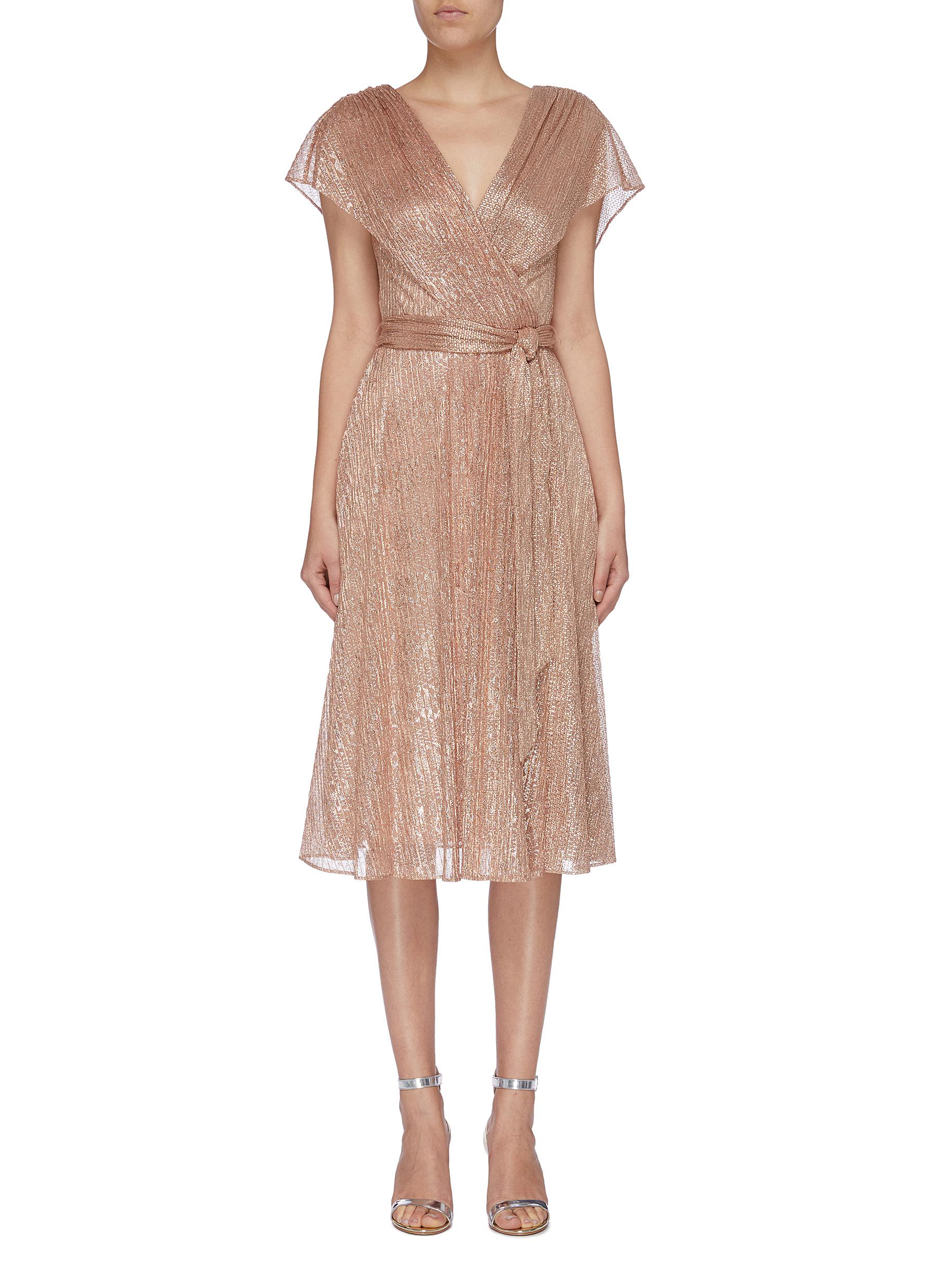 Darva belted mock wrap lamé dress by Alice + Olivia