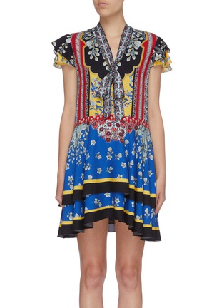 Main View - Click To Enlarge - ALICE & OLIVIA - 'Moore' ruffle sleeve tie neck floral print patchwork dress