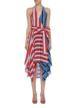 Main View - Click To Enlarge - ALICE & OLIVIA - 'Canton' belted colourblock stripe silk halterneck dress