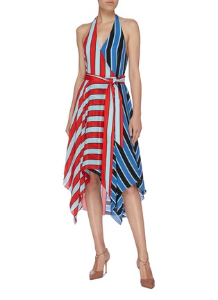 Figure View - Click To Enlarge - ALICE & OLIVIA - 'Canton' belted colourblock stripe silk halterneck dress
