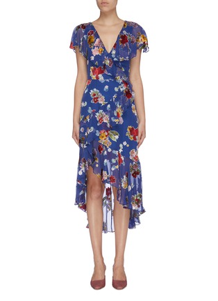 Main View - Click To Enlarge - ALICE & OLIVIA - 'Electra' floral burnout ruffle high-low mock wrap dress