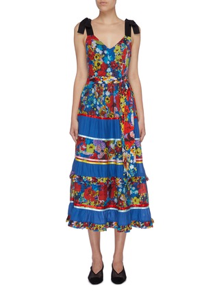 Main View - Click To Enlarge - ALICE & OLIVIA - 'Gayla' belted tie strap floral print tiered dress