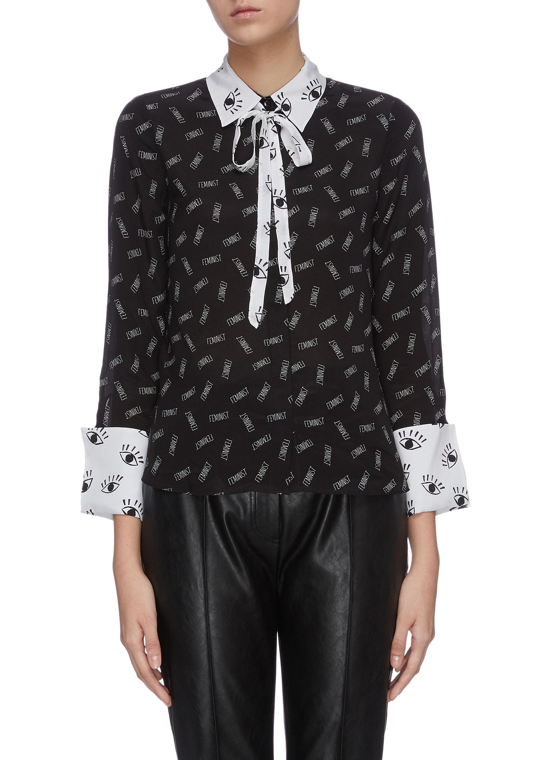 Willa mixed print colourblock neck tie blouse by Alice + Olivia
