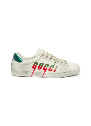 Main View - Click To Enlarge - GUCCI - 'New Ace' logo print distressed leather sneakers
