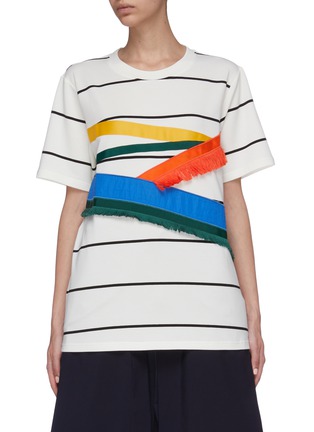 Main View - Click To Enlarge - ANGEL CHEN - Asymmetric colourblock fringe stripe T-shirt
