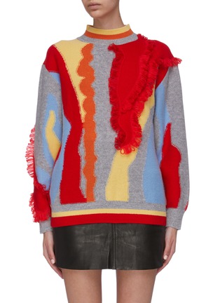 Main View - Click To Enlarge - ANGEL CHEN - Asymmetric fringe colourblock wool high neck sweater