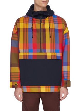 Main View - Click To Enlarge - ANGEL CHEN - Hooded panelled check plaid half-zip anorak