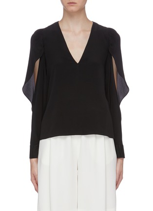 Main View - Click To Enlarge - BIANCA SPENDER - Ruffle cutout sleeve silk crepe V-neck top