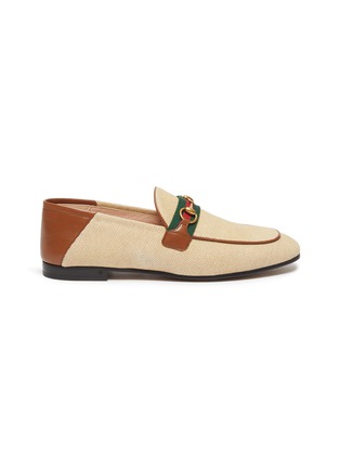 Main View - Click To Enlarge - GUCCI - 'Brixton' web stripe horsebit canvas step-in loafers