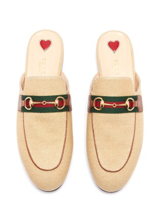 Detail View - Click To Enlarge - GUCCI - 'Princetown' Web stripe horsebit canvas slide loafers