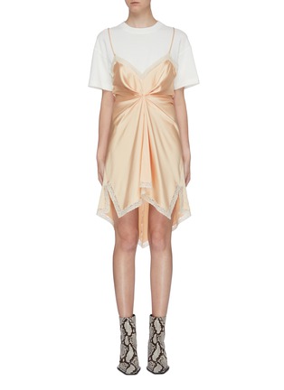 Main View - Click To Enlarge - ALEXANDER WANG - Lace edge twist front T-shirt satin slip dress