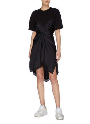 Figure View - Click To Enlarge - ALEXANDER WANG - Lace edge twist front T-shirt satin slip dress