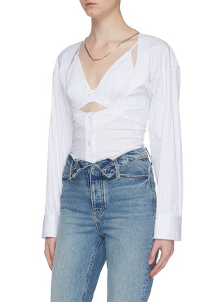 Front View - Click To Enlarge - ALEXANDER WANG - Bra panel pinstripe shirt bodysuit