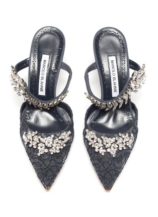 Detail View - Click To Enlarge - MANOLO BLAHNIK - 'Lurum 90' strass embellished strap lace mules