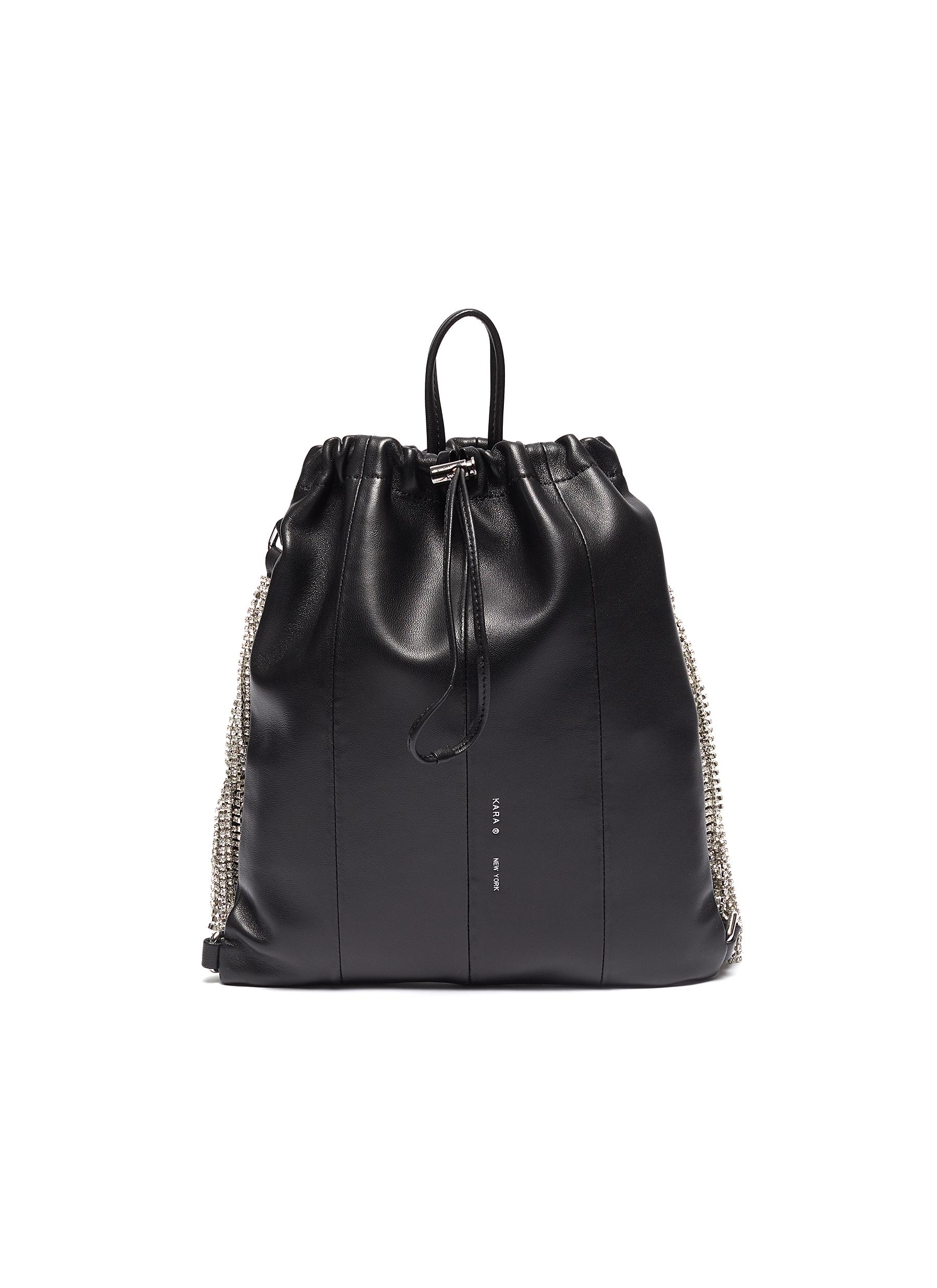 Click to view more detailed imagery on our partner's website Kara Glass Crystal Fringe Leather Drawstring Backpack