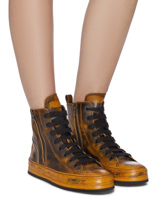 Figure View - Click To Enlarge - ANN DEMEULEMEESTER - Distressed leather high top sneakers