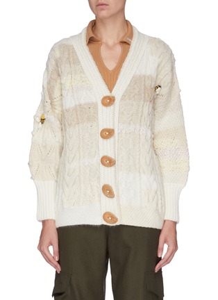 Main View - Click To Enlarge - TUINCH - Cable knit bee motif asymmetric handmade cashmere cardigan