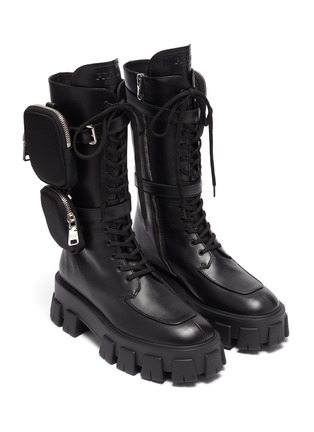 Detail View - Click To Enlarge - PRADA - Strapped patch pocket leather platform combat boots