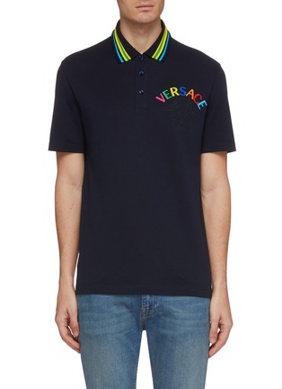 Main View - Click To Enlarge - VERSACE - Stripe collar logo embroidered polo shirt