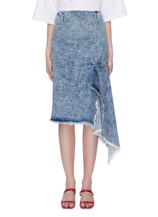 Main View - Click To Enlarge - BALENCIAGA - Asymmetric godet drape frayed crinkled denim skirt