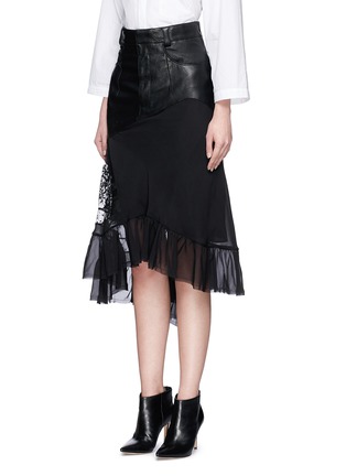 Front View - Click To Enlarge - HAIDER ACKERMANN - 'Varukers' lace silk ruffle hem leather skirt
