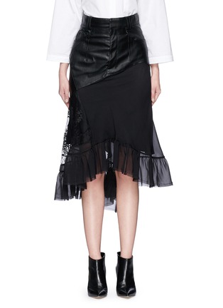 Main View - Click To Enlarge - HAIDER ACKERMANN - 'Varukers' lace silk ruffle hem leather skirt