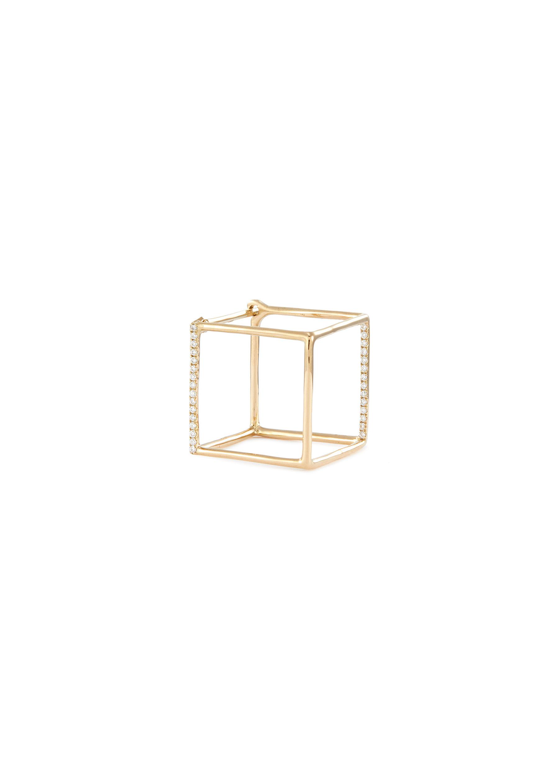 'Square' diamond 18k yellow gold cube single earring - 15mm