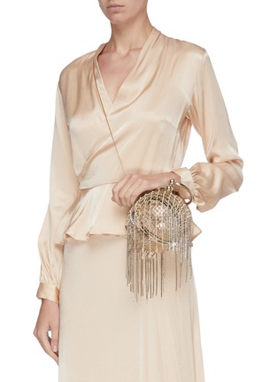 Front View - Click To Enlarge - ROSANTICA - 'Camelia' glass crystal fringe ring handle caged clutch