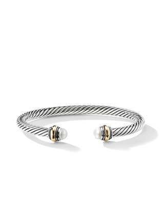 Detail View - Click To Enlarge - DAVID YURMAN - ‘Cable’ 14k gold sterling silver freshwater pearl medium cuff